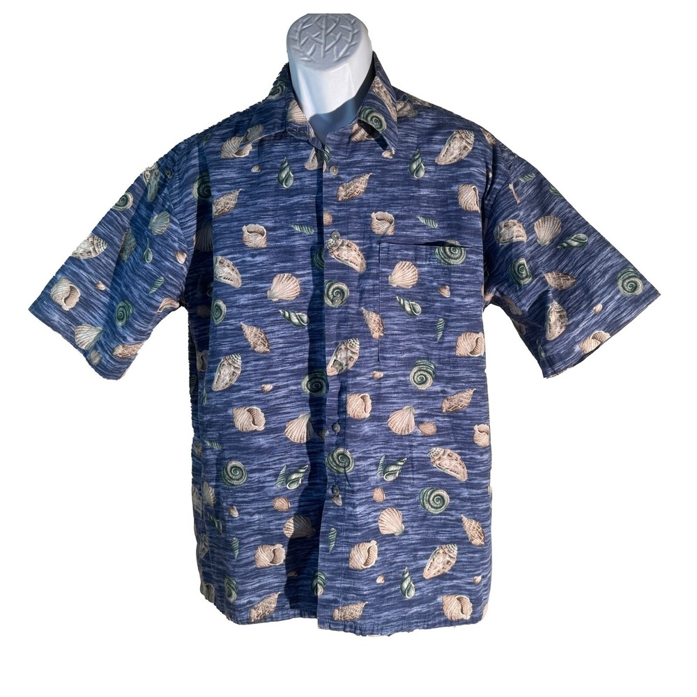 PIERRE CARDIN Men's Short Sleeve Button Down SEA SHELLS Shirt‎ Blue Large
